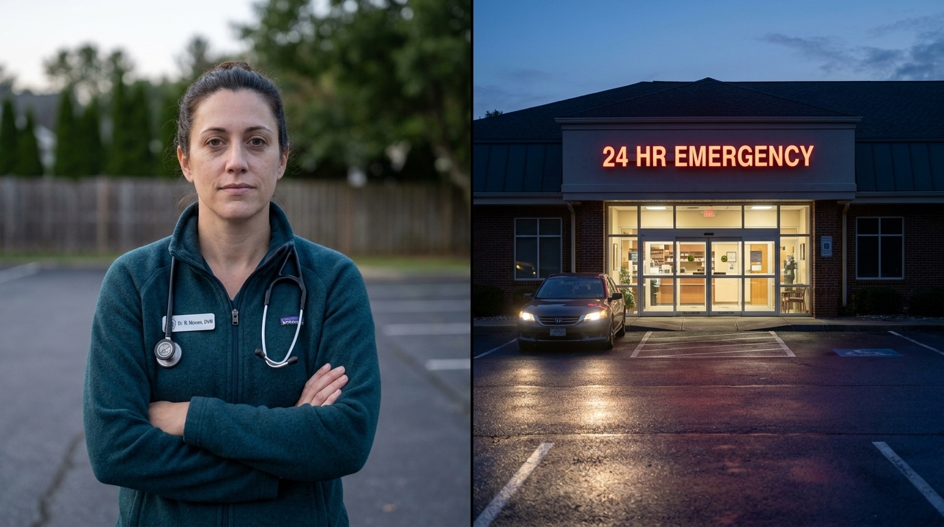 Dr. Rachel Monroe, and the entrance of the emergency animal hospital at night