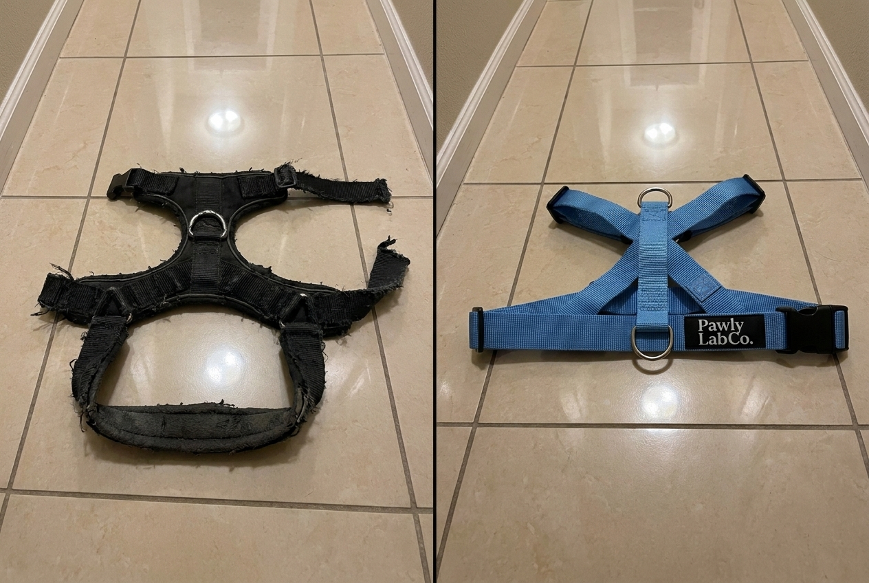 A worn-out back-clip harness next to the intact PawlyLabs harness