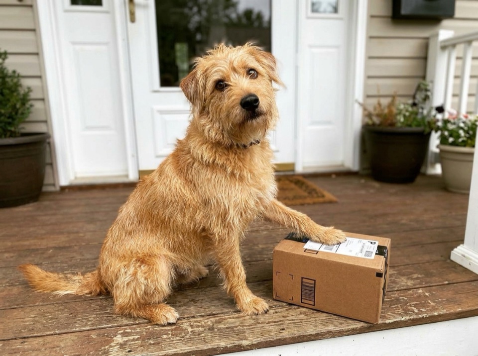 A very good dog waiting with a package
